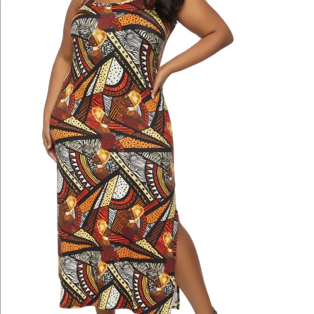 African Print Maxi Tank Dress - Brown - Plus Size 1X